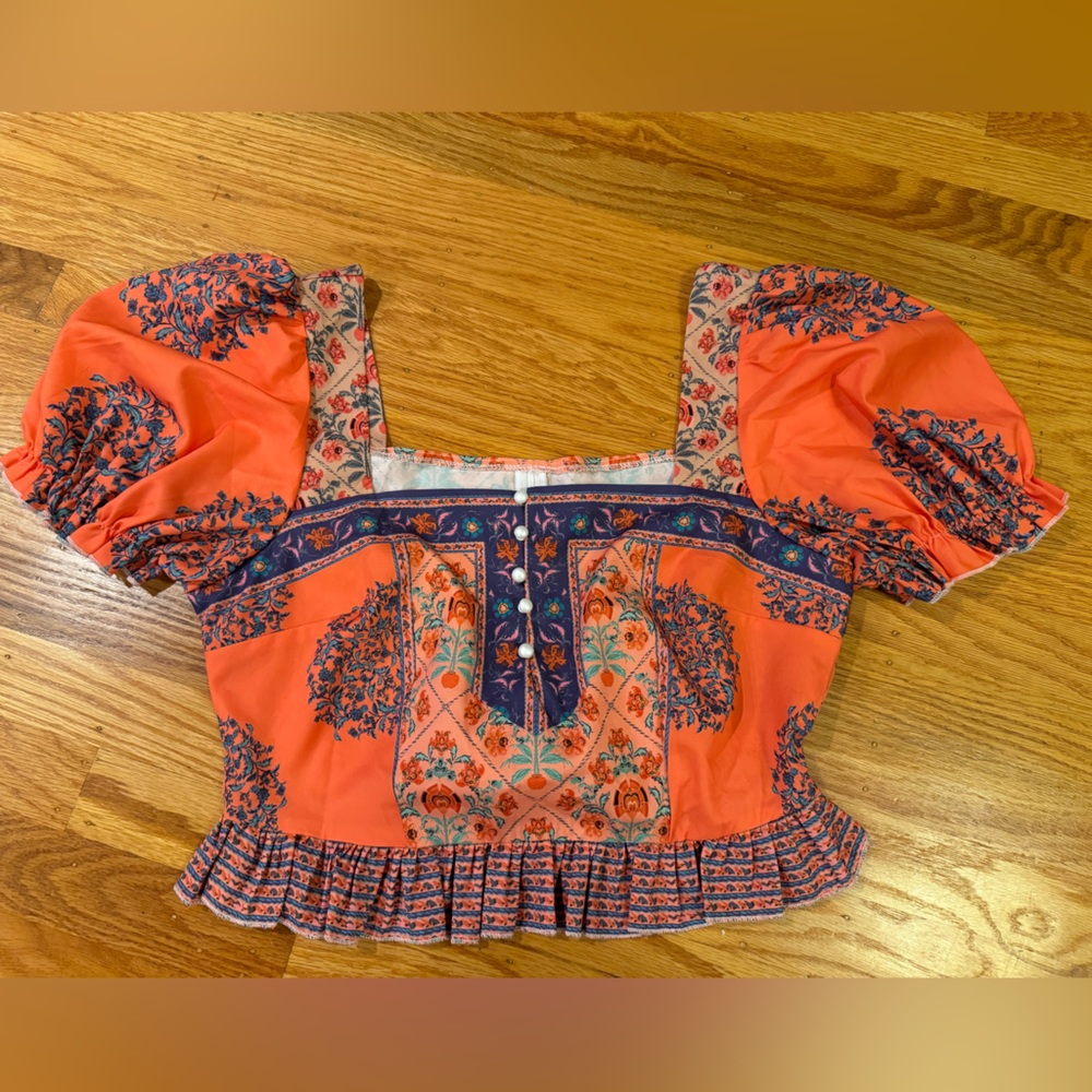 Blouse Puffy Sleeves Faux Pearl Buttons Square Neck Orange Blue Floral